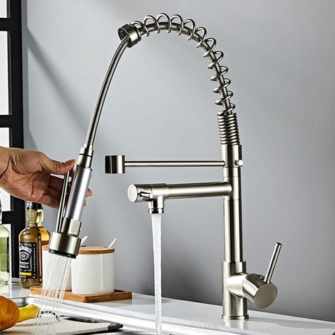 Robinet Cuisine Nickel Brossé avec Douchette Extractible Double Fonction Mitigeur Évier Inox Ressort Flexible Moderne (1/5)