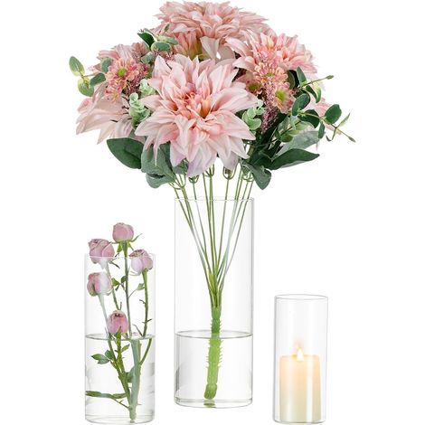 Vase À Fleurs En Verre Cylindrique Transparent, 3 Pièces/Ensemble De Vases De Base Modernes En Verre Pour Décoration De Table, Centres De Mariage,Bougeoirs Pour Ornements De Salon, 15/20/25 Cm De Haut (1/5)