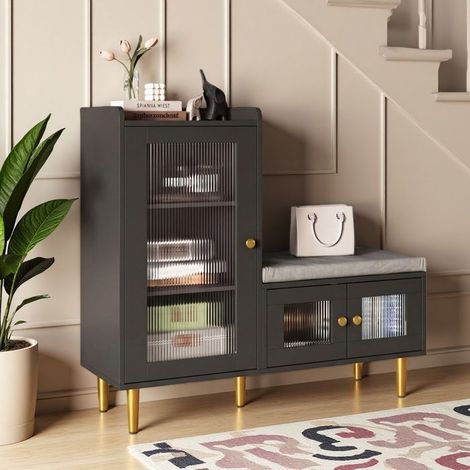 Mueble para zapatos con banco para zapatos, Armario para zapatos 100cm, Mueble de almacenamiento de entrada con 3 puertas de vidrio y 4 estantes. (1/5)