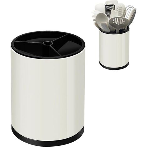 Portautensili da cucina in acciaio inox - girevole a 360° - Per cucchiai, spatole e posate - Salvaspazio - Bianco sporco (1/5)