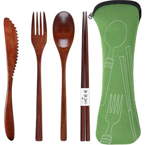 Cuillere Bois Set de 4,couverts bois réutilisables cuillère, fourchette, baguettes, couteau bois avec pochette, couverts voyage cuisine/maison/bureau/restaurant (1/5)