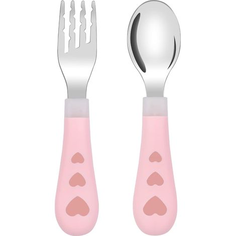 Ensemble de couverts pour enfants, ensemble de cuillères et fourchettes en acier inoxydable (cœur rose) (1/5)