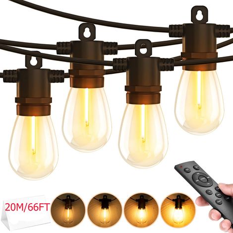 20 M Guirlande lumineuse d'extérieur à LED avec télécommande et 30+2 ampoules LED S14, IP65, lumière blanche chaude, pour jardin, une véranda, café (1/5)