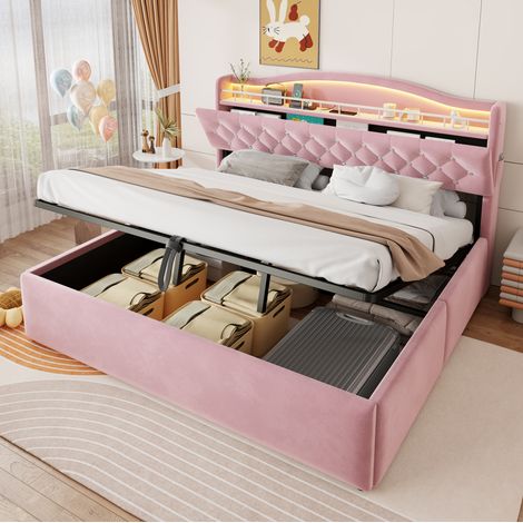 Cama tapizada 180x200 cm de terciopelo rosa con arcón, LED, USB y USB-C (1/5)