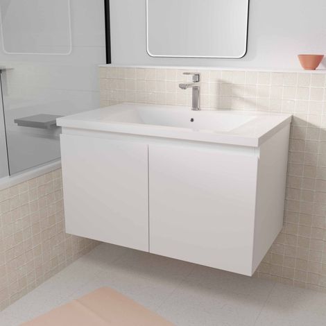 Mueble de Baño Suspendido 80cm Blanco 2 Puertas Lavabo Blanco - ELEMENTARY
