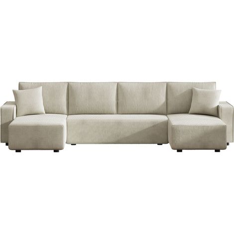 Sofá panorámico cama de 6 plazas con baúl en terciopelo a cuadros beige SALISBURY