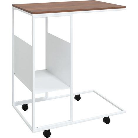 Table d'appoint en forme de C sur roulettes 55 x 36 x 63,5cm bois d'ingénierie marron et fer blanc DEC031294