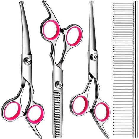 Set di forbici professionali per la toelettatura di cani e gatti, con lame rivestite in titanio (rosa, confezione da 4). (1/5)