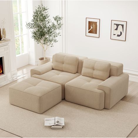 Canapé modulaire d’angle 2 places avec ottoman 74xx cm beige en velours côtelé assise profonde sans montage (1/5)