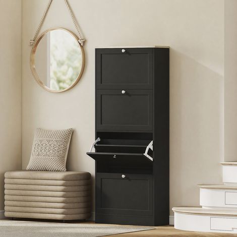 Meuble à chaussures 24 paires, armoire à chaussures avec 4 tiroirs rabattables, étagères réglables, 60x23,5x153cm, noir (1/5)