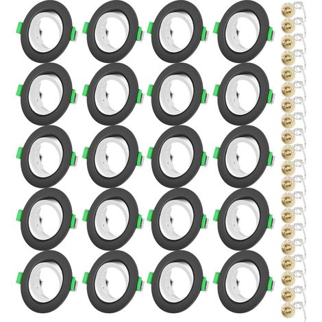 Projecteurs Spot Encastrable GU10 Set Cadre Avec Douille Céramique GU10,Rond Noir Anneau Extérieur et Blanc Anneau Intérieur,Cadre de Montage Spot LED,Orientable A 30°,Pour Spots de Plafond,Lot de 20 (1/5)