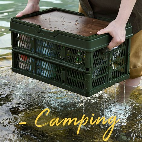 Panier de Camping Polyvalent avec Plateau en Bois - Panier de Stockage Camping, Picnic, Large Capacité, Imperméable et Pliable, Modèle S Vert