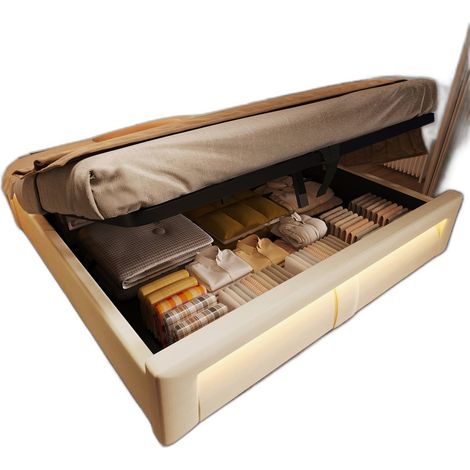 Lit double 160x200 cm avec coffre hydraulique, velours beige, tête incurvée avec LED et ports USB/Type-C (sans matelas) (1/5)