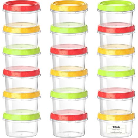 18 boîtes plastique alimentaires 250 ml avec couvercle, set rouge/vert/orange, empilables, conservation repas (1/5)