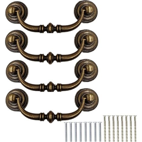 Lot de 4 poignées de tiroir vintage anciennes avec vis, ensemble de poignées universelles de 12,5 cm pour porte d’armoire, chambre, salle de bain, cuisine, placard [laiton] (1/5)