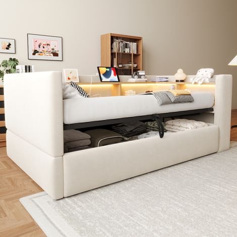 Lit capitonné canapé-lit hydraulique 90x190 cm avec LED, prises et nombreux rangements, lit simple multifonction, beige, confort et gain de place (1/5)