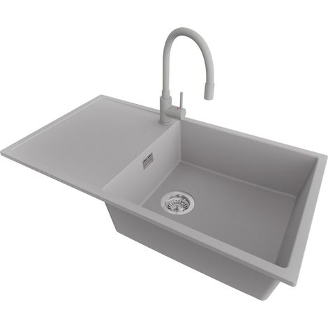PRIMAGRAN Evier Cuisine en Granit 90x50cm,Lavabo 1 bac + Robinet 38x14cm + Kit de Vidage, Évier à Encastrer au meuble 60cm - Ibiza, Gris (1/5)
