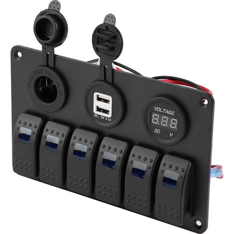 12V/24V blaue LED 6-Schalter-Wippschalterpanel für Boot/Auto, mit zwei USB-Anschlüssen, Voltmeter und Zigarettenanzünderanschluss (1/5)