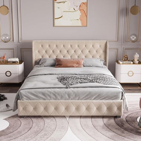 Lit Coffre 140x190 cm de Rangement avec Tête de Lit,Beige (1/5)