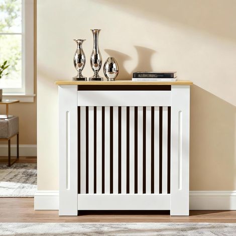 Cache Radiateur en Bois Blanc Couverture Moderne avec Lattes et Étagère Supérieure Armoire Design pour Salon Chambre Bureau - 71x18x90.5cm