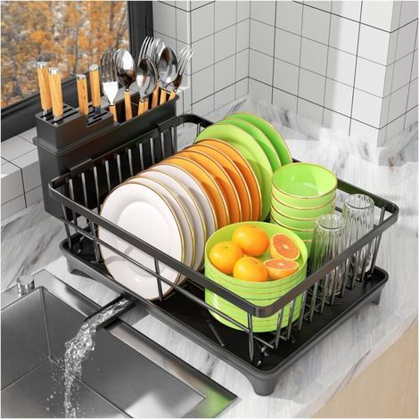 Schwarzer, rostbeständiger Abtropfkorb aus Eisen – 360° drehbares Ablaufsystem – Utensilienhalter – Kompakte Maße: 38,6 x 28,3 x 14,5 cm (1/5)