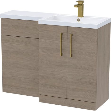 Balterley Right-Hand Bathroom Vanity and WC Unit Combination with Basin - 1100mm - Woodgrain Mid Oak with Brushed Brass Handles (1/5)