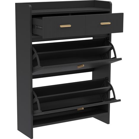 Zapatero compacto con puertas abatibles y cajón, 75 x 24 x 108,5 cm, negro (1/5)