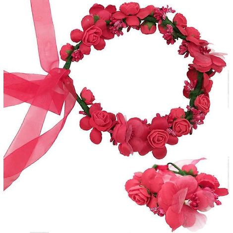 Guirlande de fleurs ajustable pour bandeau de mariage avec bracelet floral, couronne de cheveux décorative (rouge vif) (1/5)