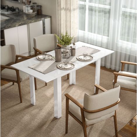 Table à manger extensible 120 à 160 cm, blanche brillant effet laqué, pour 4 à 6 personnes, MDF, rallonge papillon et rangement intégré - CHICFURN (1/5)