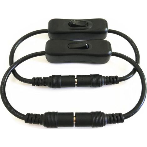 Lot de 2 interrupteurs à bascule noirs 12 V CC (fiche 5,5 mm x 2,1 mm, mâle/femelle) avec rallonge électrique et câble d'alimentation.