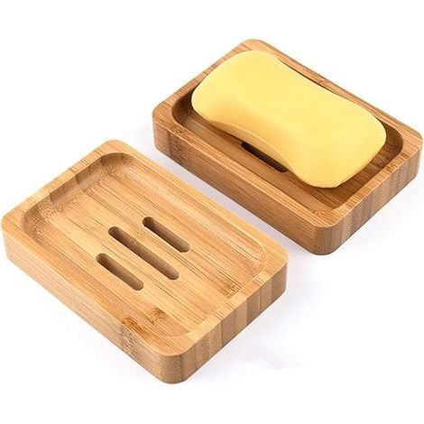 Paquet de 2 porte-savon en bois de bambou naturel porte-savon pour salle de bain douche artisanat porte-savon pour savons, éponges et plus (1/4)