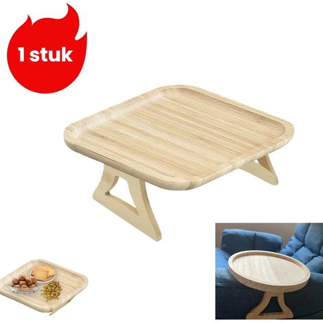 pièce - Plateau pliable pour accoudoir de canapé - Clip de fixation pour plateau de canapé - Table pliante - Carrée - 24 x 24 cm - Couleur bois (1/5)