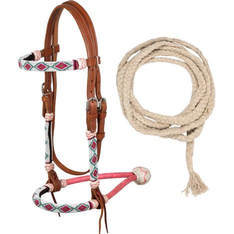 Bosal set in cuoio e rawhide rosa con mecate in cotone e decorato perline (1/5)