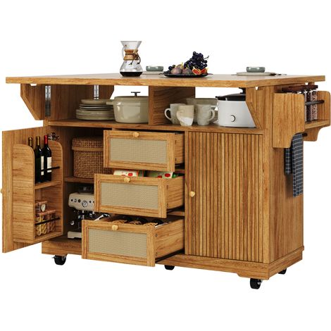 Îlot de cuisine mobile pliable marron foncé, desserte hauteur 95 cm avec rangements, plateaux rabattables pour cuisine, balcon et camping (1/5)
