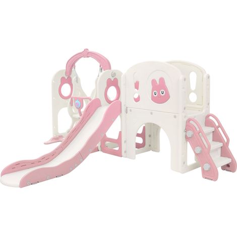 Joyz Ensemble Toboggan et Balançoire Enfants 6 en 1 avec Structure d'Escalade, Panier de Basket, Télescope et Tunnel, Aire de Jeux Intérieure et Extérieure, Dès 3 Ans, en Plastique HDPE Rose (1/5)