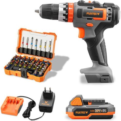 Trapano a percussione a batteria E1SBS20 SET incl. Batteria caricatore e set di punte FUXTEC