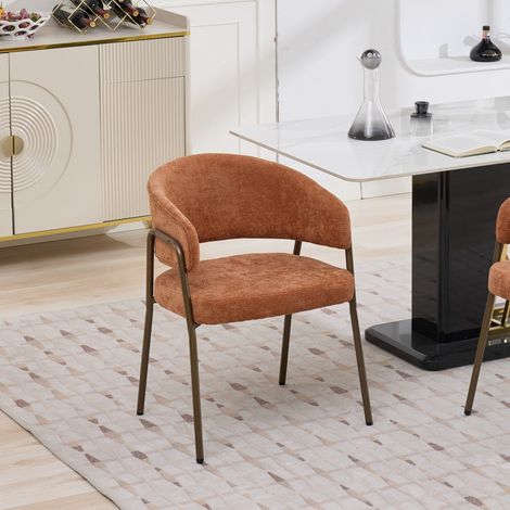 Chaise salle à manger moderne chenille orange 57x54.5x79.5cm, rembourrée avec accoudoirs, pieds métal laiton antique (1/5)