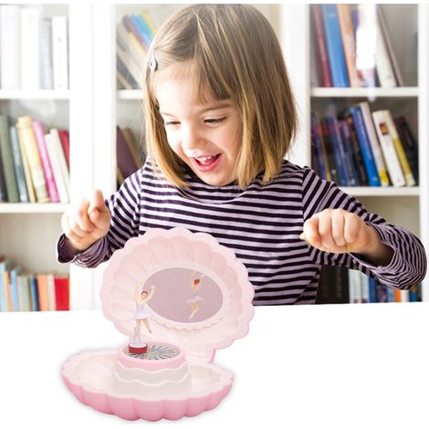 1 boîte à musique coquillage, boîte à musique fille dansante avec miroir, boîte de rangement pour bijoux, cadeau d'anniversaire, décoration de fête, rose clair. (1/5)