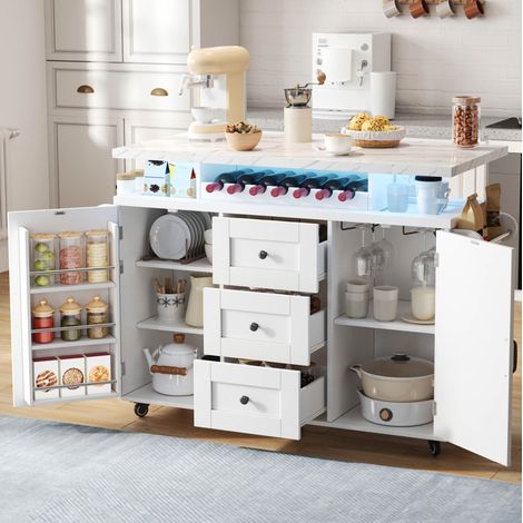 REDOM - Isola cucina 138x60x93 cm, piano di lavoro ribaltabile, LED multicolore, 5 ruote con freno, MDF bianco (1/5)