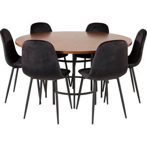 Copenhagen Essgruppe Esstisch braun und 6 Polar Esszimmerstühle Velour schwarz.