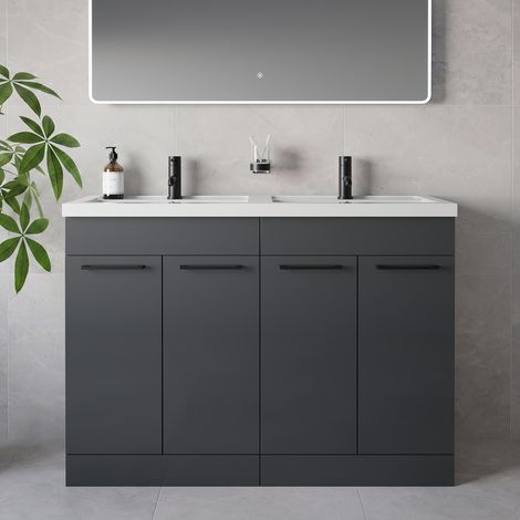 Napoli 390 Gloss Grey 1200mm 4 Door Vanity Unit with Double Lucia Basins - 1200mm - Matt Black 160mm Handle