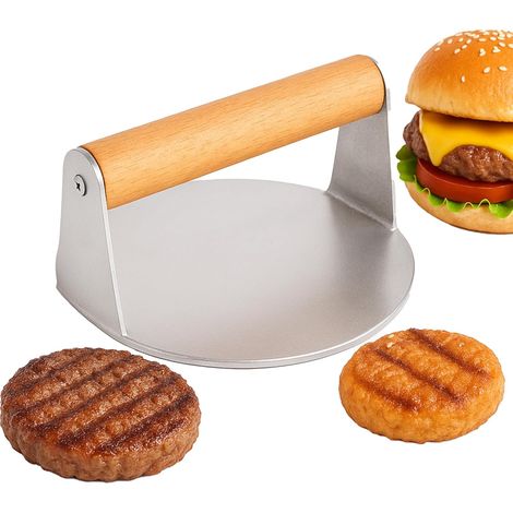 Presse à steak haché en acier inoxydable - Presse à hamburgers, 14 cm (5,5 pouces), avec manche en bois anti-brûlure, pour hacher les steaks et retirer le gras, convient pour la viande et le gril (14  (1/5)