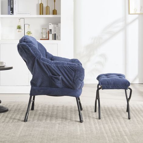 Fauteuil relax avec pouf assorti, accoudoirs rembourrés, poche latérale pratique, repose-pieds inclinable, bleu marine, assise moelleuse, idéal studio ou petit espace (1/5)