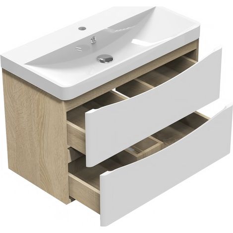 Acezanble – Meuble sous vasque 80cm – Blanc et chêne – MDF anti-déformation – Installation facile – Grand espace de rangement (1/4)