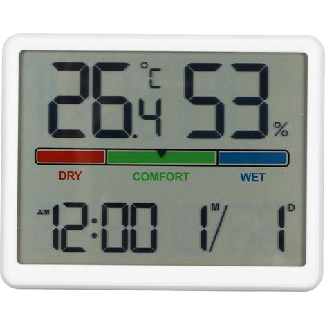Réveil de bureau LED avec affichage de la température et de l'humidité, batterie 240 mAh, format 12/24 h, fonction snooze.
