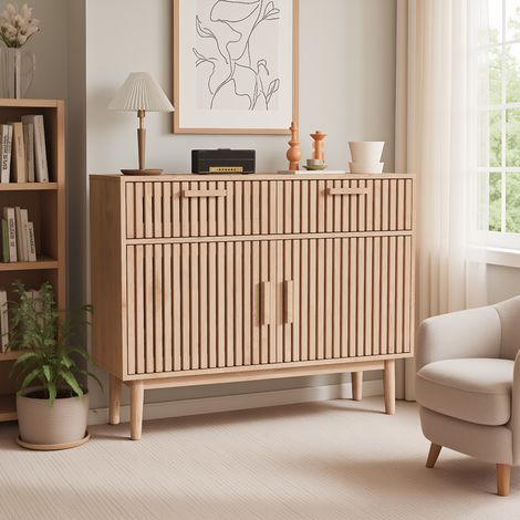 Naturholzoptik Sideboard, Küchenschrank mit 2 Schubladens und 2 Türen, Aufbewahrungsschrank mit Holzgriffen, Moderner Schubladenschrank, für Wohnzimmer, Küche und Büro, 100 x 35 x 80 cm (1/5)