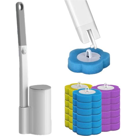 Brosse de toilette, jetable, en éponge, avec support mural, avec 32 éponges, nettoyage en profondeur, pour toilettes et salle de bain (1/5)