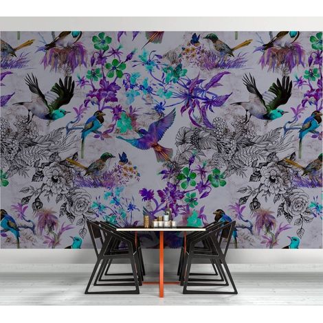 Papier peint panoramique gris motif oiseau | Tapisserie panoramique nature originale pour bureau | Papier peint panoramique florale pour chambre - 270 x 400 cm (4 pièces) (1/5)