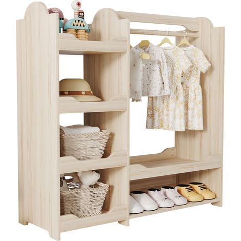 Offener Kinderkleiderschrank mit Kleiderstange und 4 Offenen Regalen, Sitzbank für Kinderzimmer 110x39x110 cm (1/5)