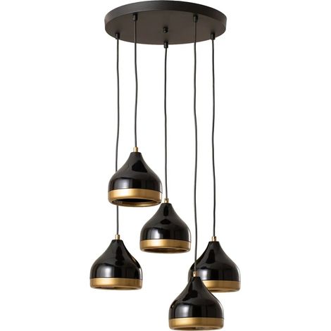 [GEBRAUCHT] B-Ware Hängeleuchte Yildo Pendelleuchte Rondell Schwarz Gold Metall 5 Flammig E27 Led